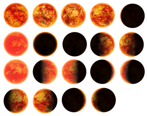 a set of nine orange and black planets