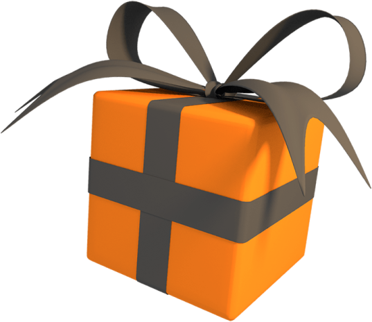 an orange gift box with a black ribbon