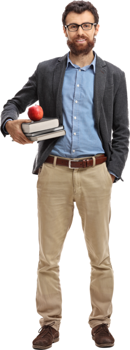 a man holding an apple and books