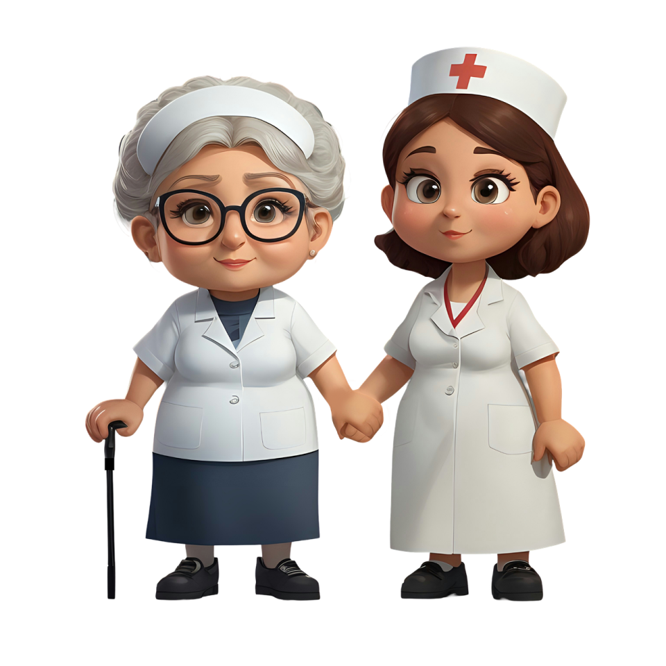 a cartoon nurse and an older woman