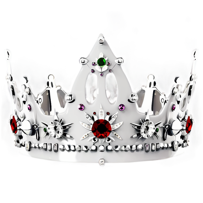 a silver crown with red and green gems