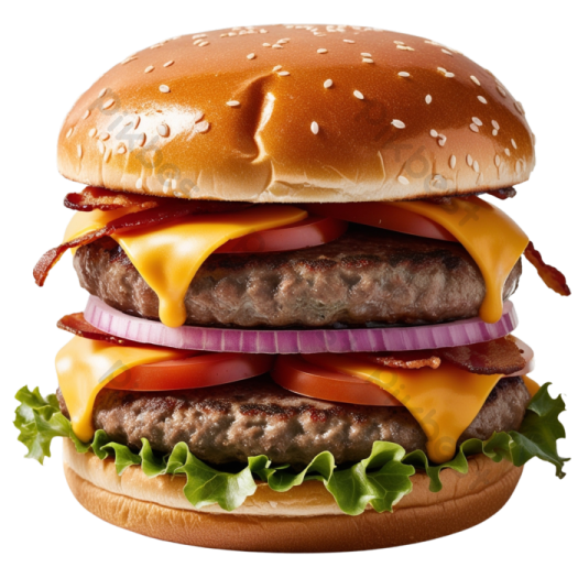 a hamburger with cheese, tomato and onion on it