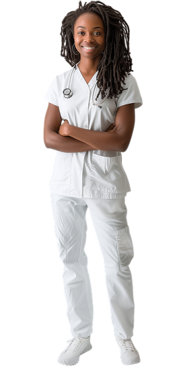 a young girl in a white scrub suit