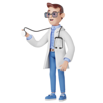 a cartoon doctor with glasses and a stel