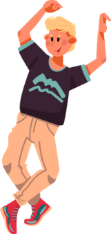 a boy is jumping with his hands in the air