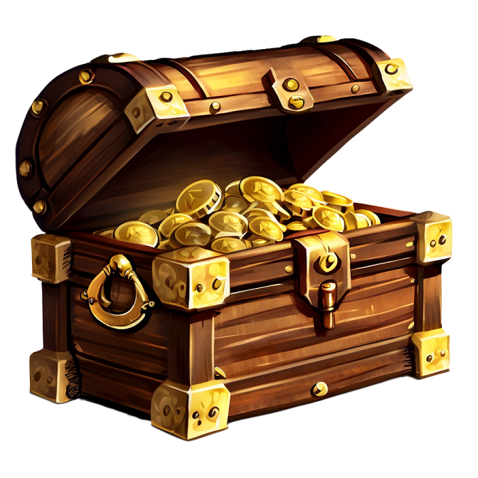 a wooden chest filled with gold coins