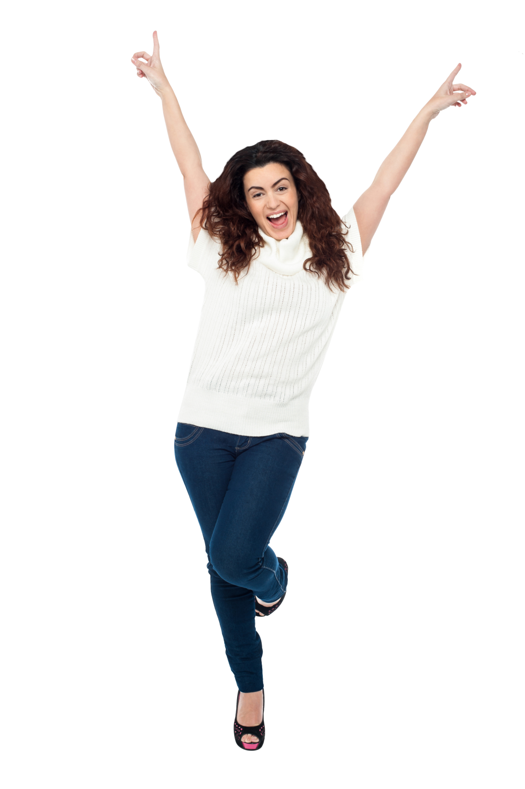a woman jumping in the air with her arms outstretched
