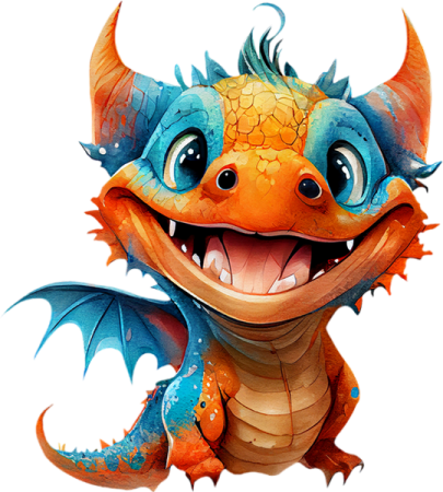 an orange and blue dragon with a big smile