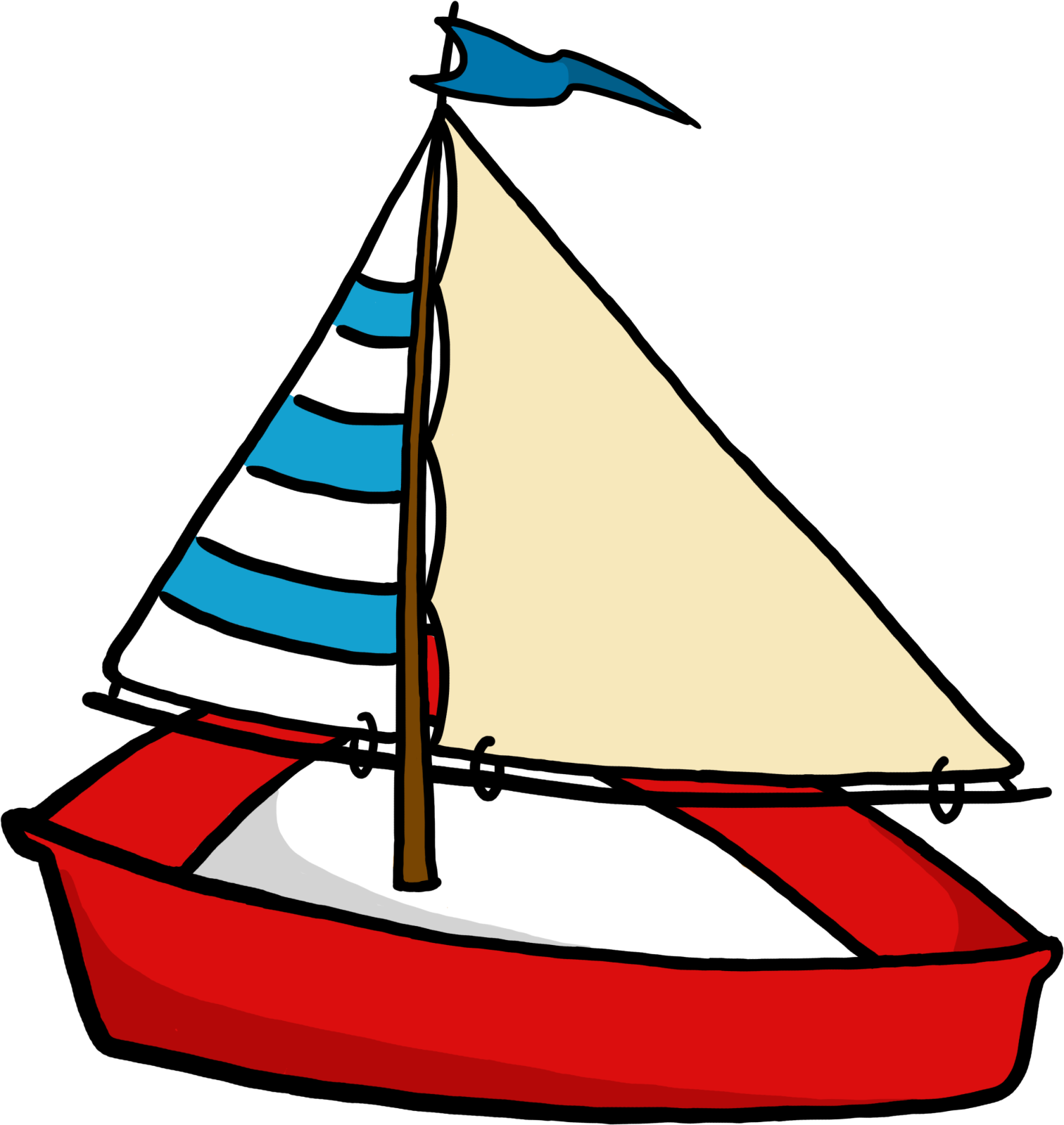 a red boat with blue and white sails