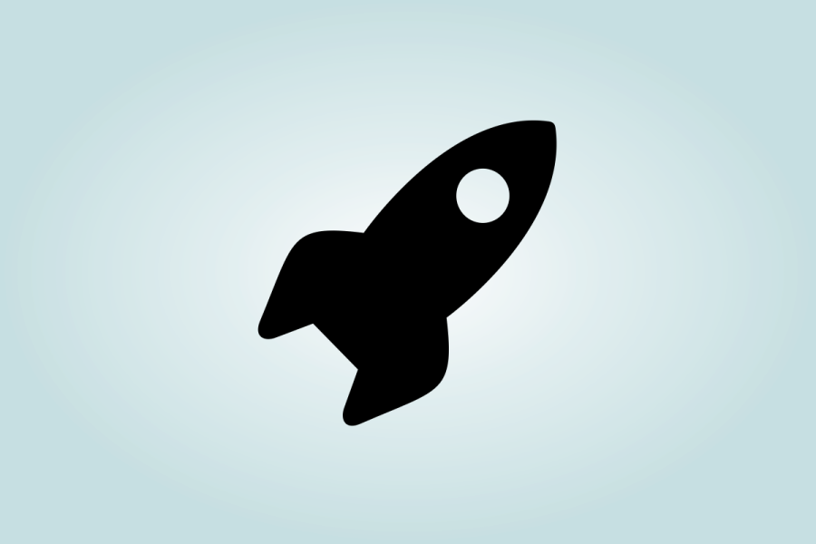 a black rocket icon on a blue background