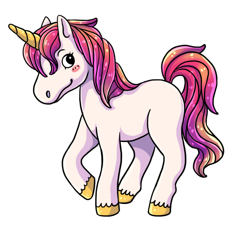a cartoon unicorn with pink hair and yellow boots