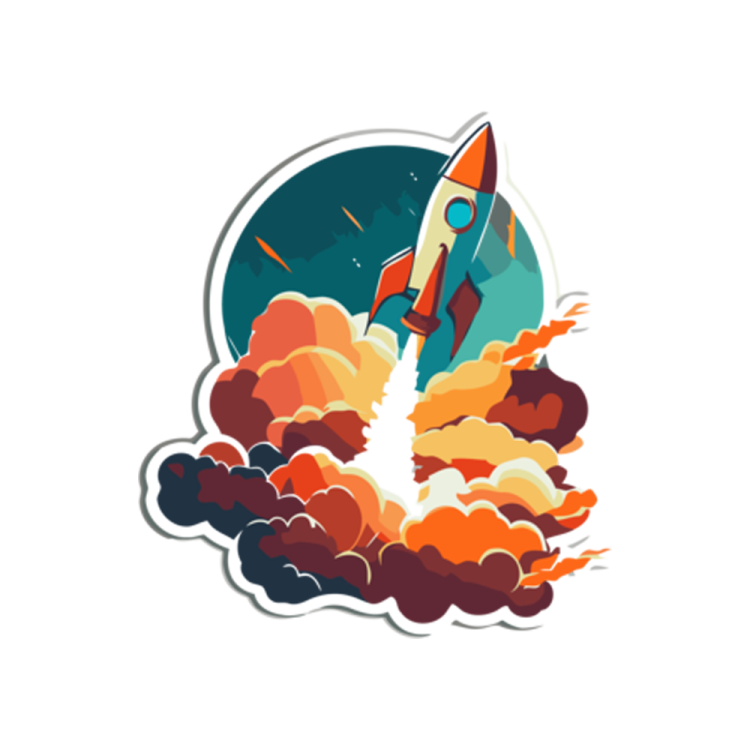 an illustration of a rocket flying through the clouds