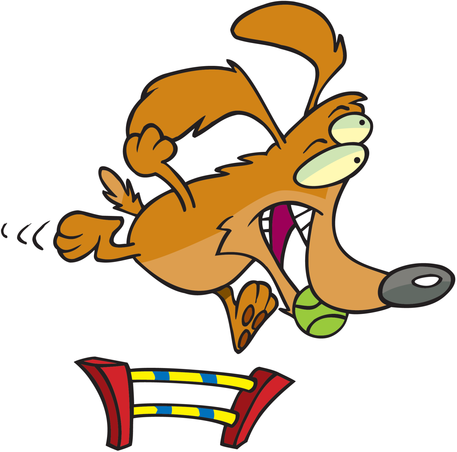 a cartoon dog jumping over a hurdle