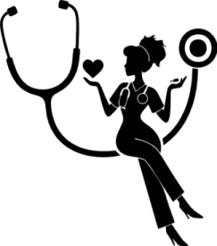 a black and white silhouette of a nurse holding a stel