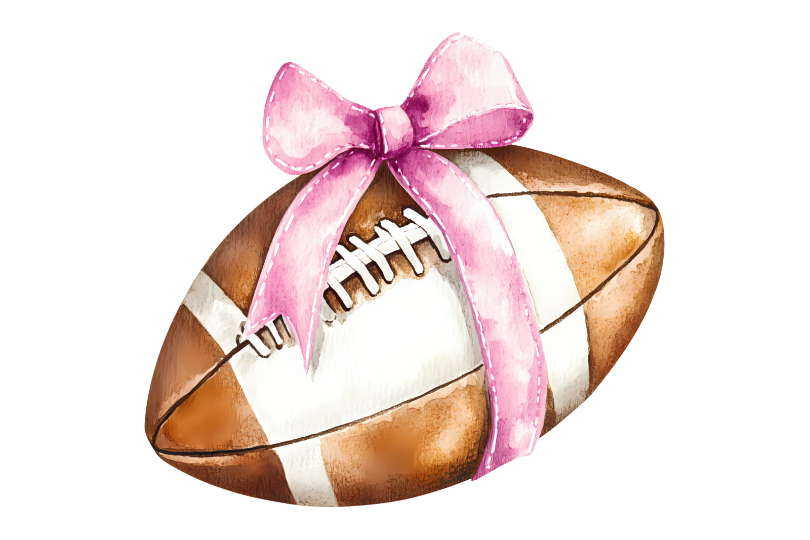 a watercolor drawing of a football with a pink bow
