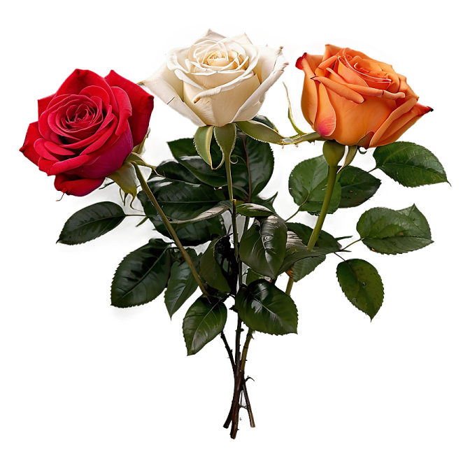 three roses in a vase on a white background