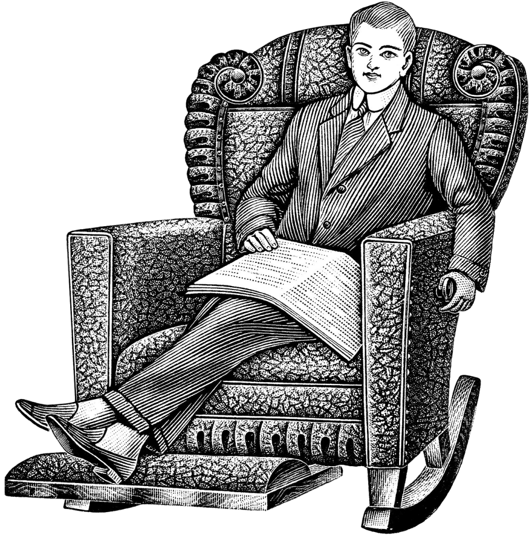 a black and white drawing of a man sitting in a chair