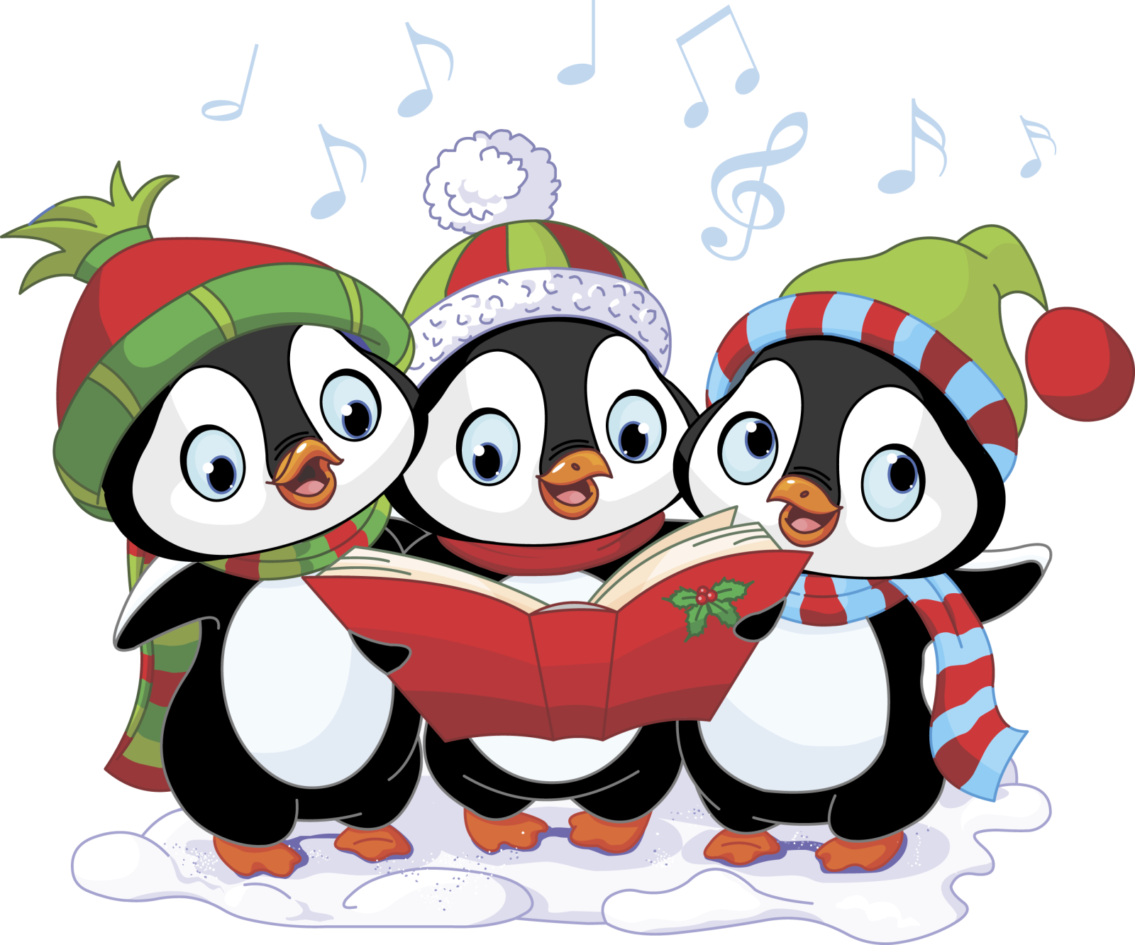 three penguins reading a book in the snow