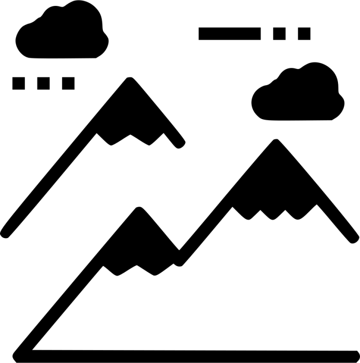 a black and white icon of mountains and clouds
