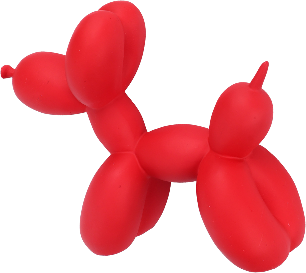 a red balloon dog toy on a white background