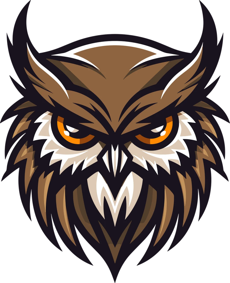 an owl's head with orange eyes