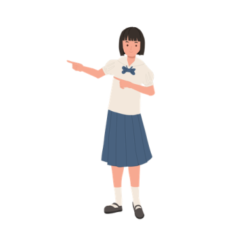 a girl in school uniform pointing at something