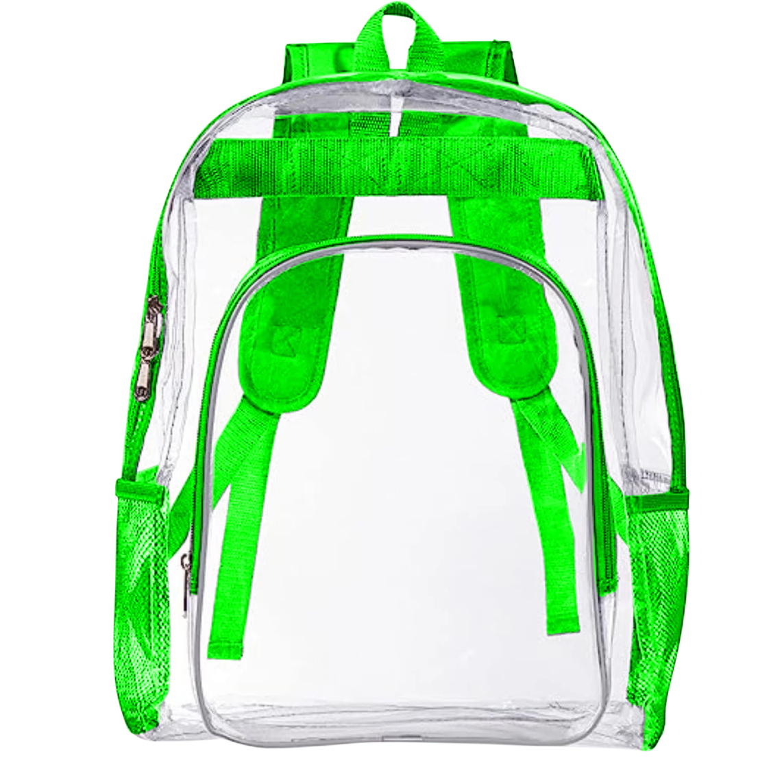 a clear backpack with green straps