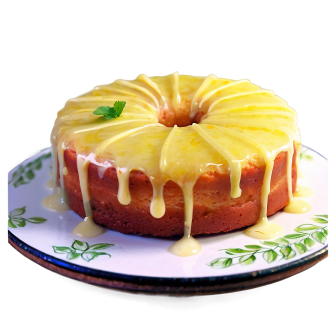 a cake on a plate with lemon glaze