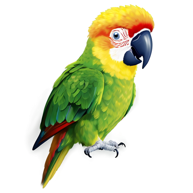 a green and yellow parrot perched on a white background