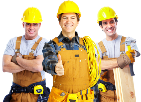 two men wearing hard hats and holding tools