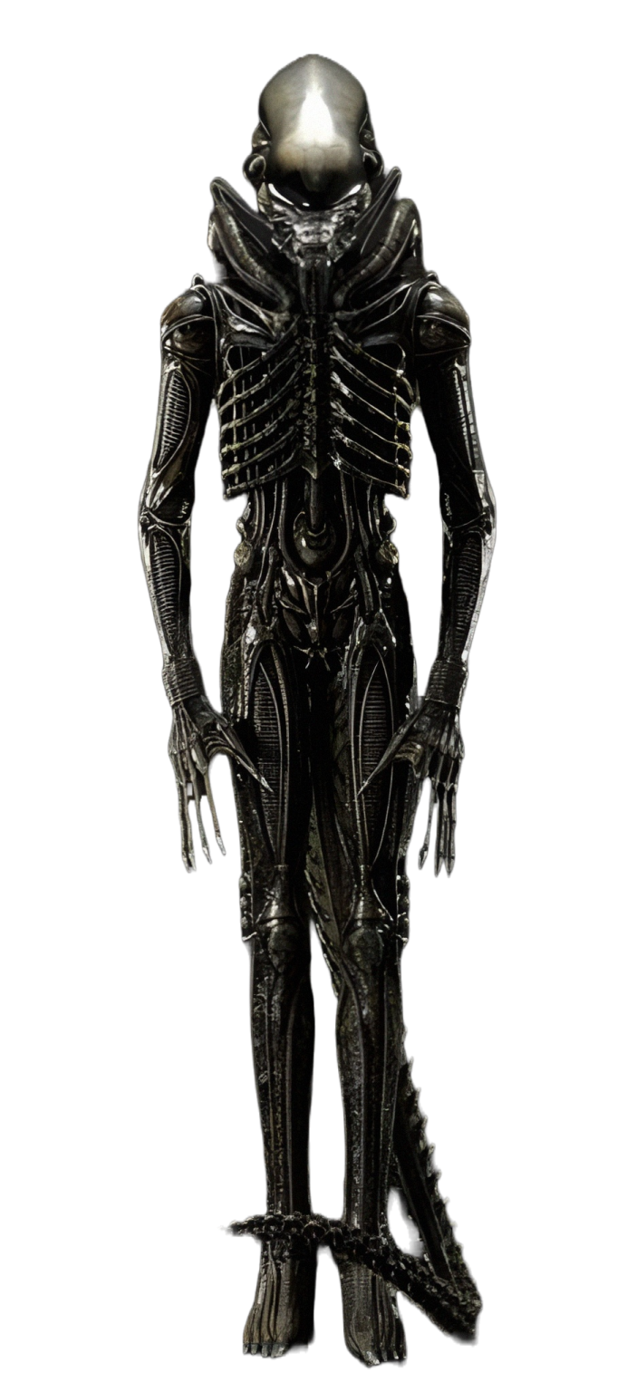 a black alien standing on a white background