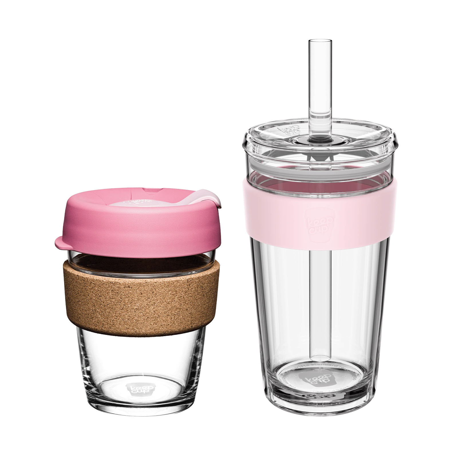 a glass cup with a pink lid and cork lid