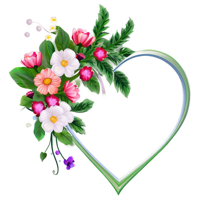 a heart shaped frame with flowers and leaves