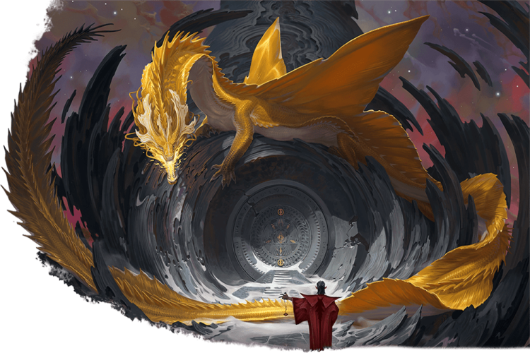 a man standing in front of a giant yellow dragon
