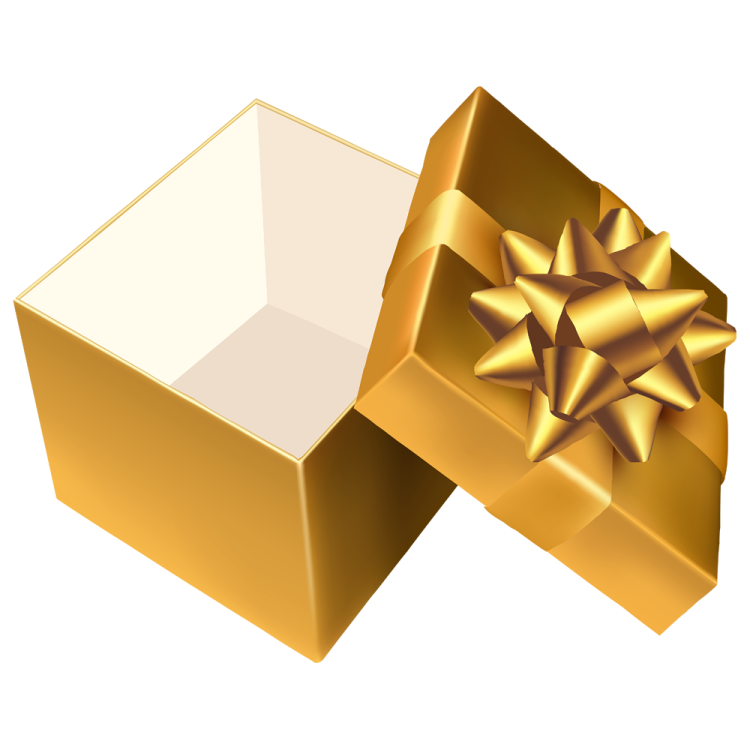a gold gift box with a bow