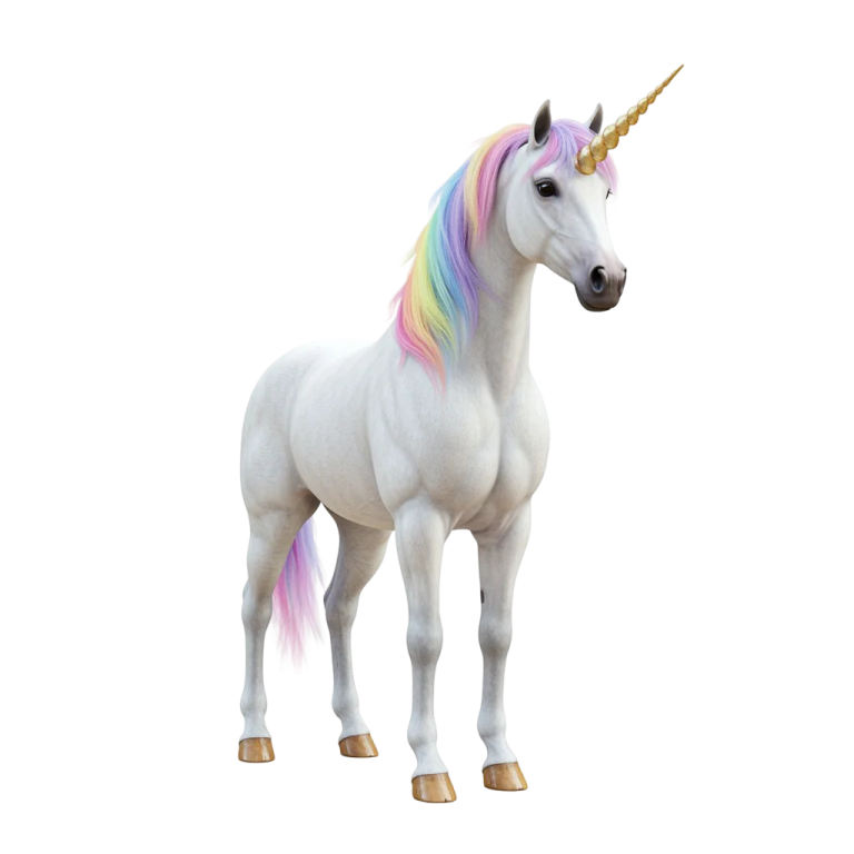a white unicorn with a rainbow colored mane