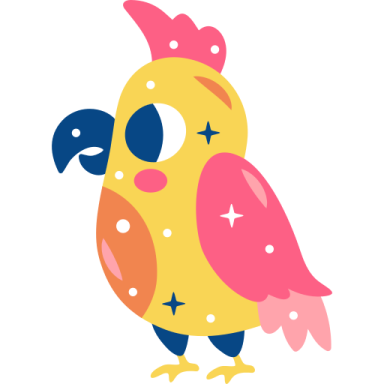 a yellow bird with pink and blue feathers