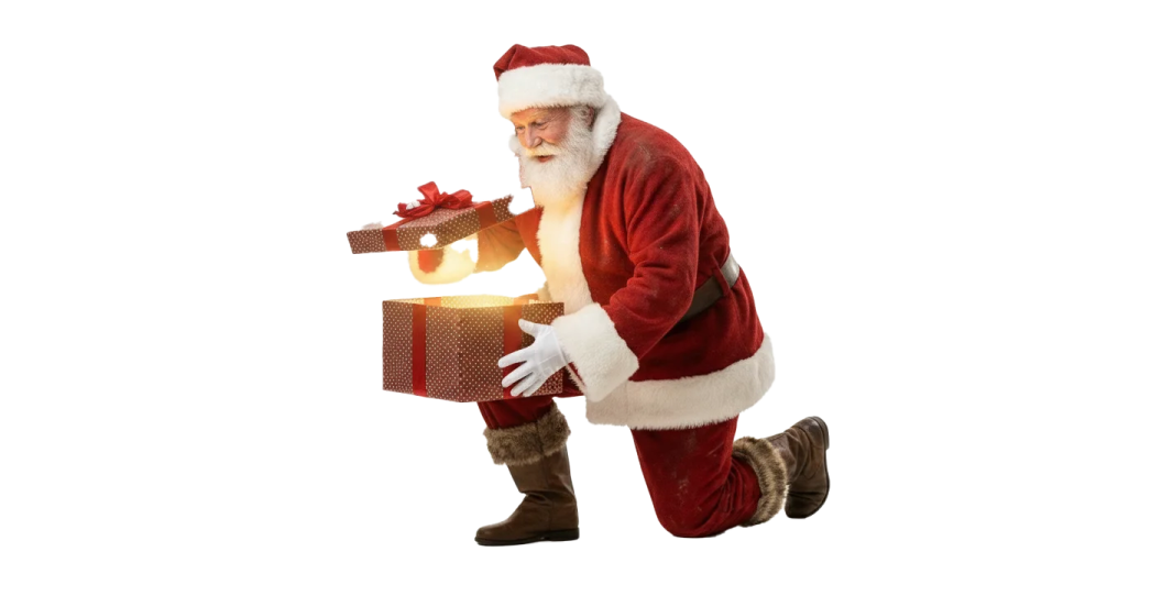 a man in a santa suit holding a christmas present