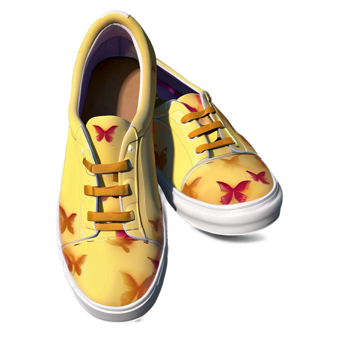 a pair of yellow shoes with butterflies on them