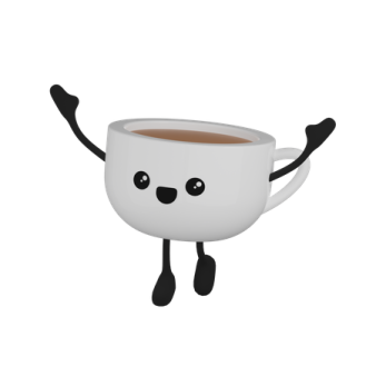 a white mug with a black face and arms in the air