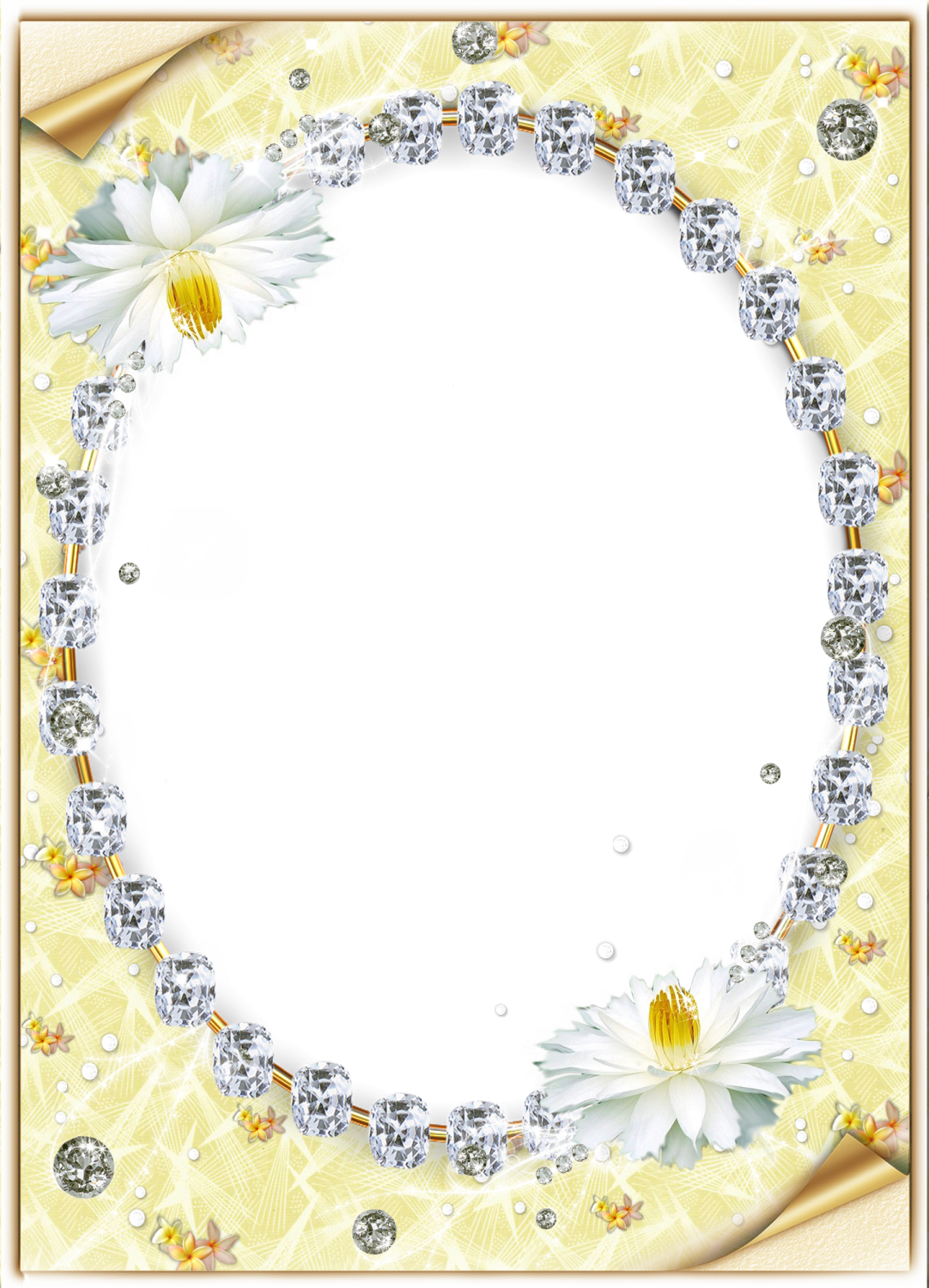 a yellow frame with white flowers and crystals
