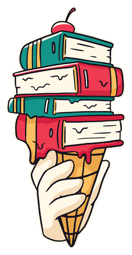 a hand holding an ice cream cone filled with books