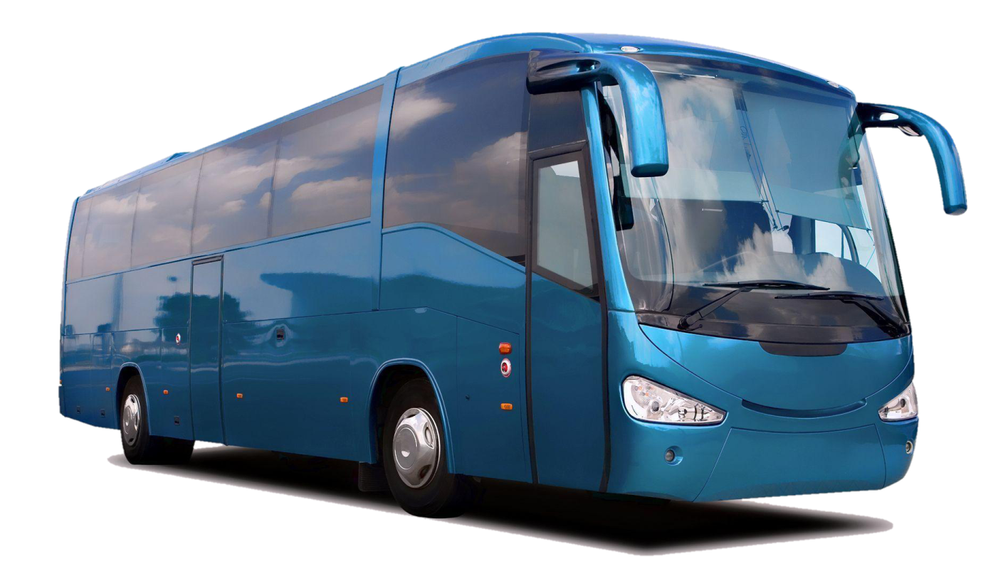 a blue bus parked in front of a white background