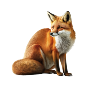 a red fox sitting down and looking at the camera