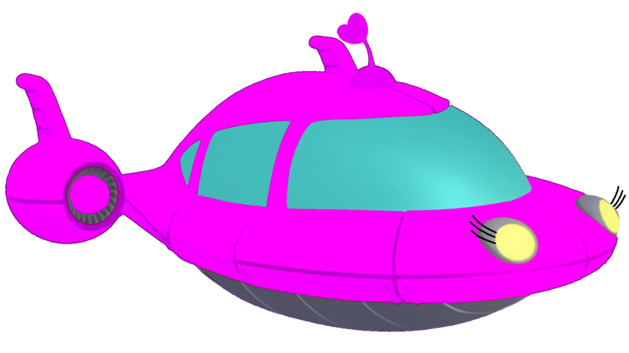 a pink submarine with a yellow light on it