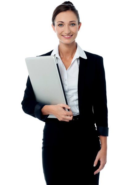 a woman in a business suit holding a laptop
