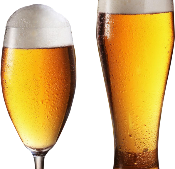 two glasses of beer with ice on top