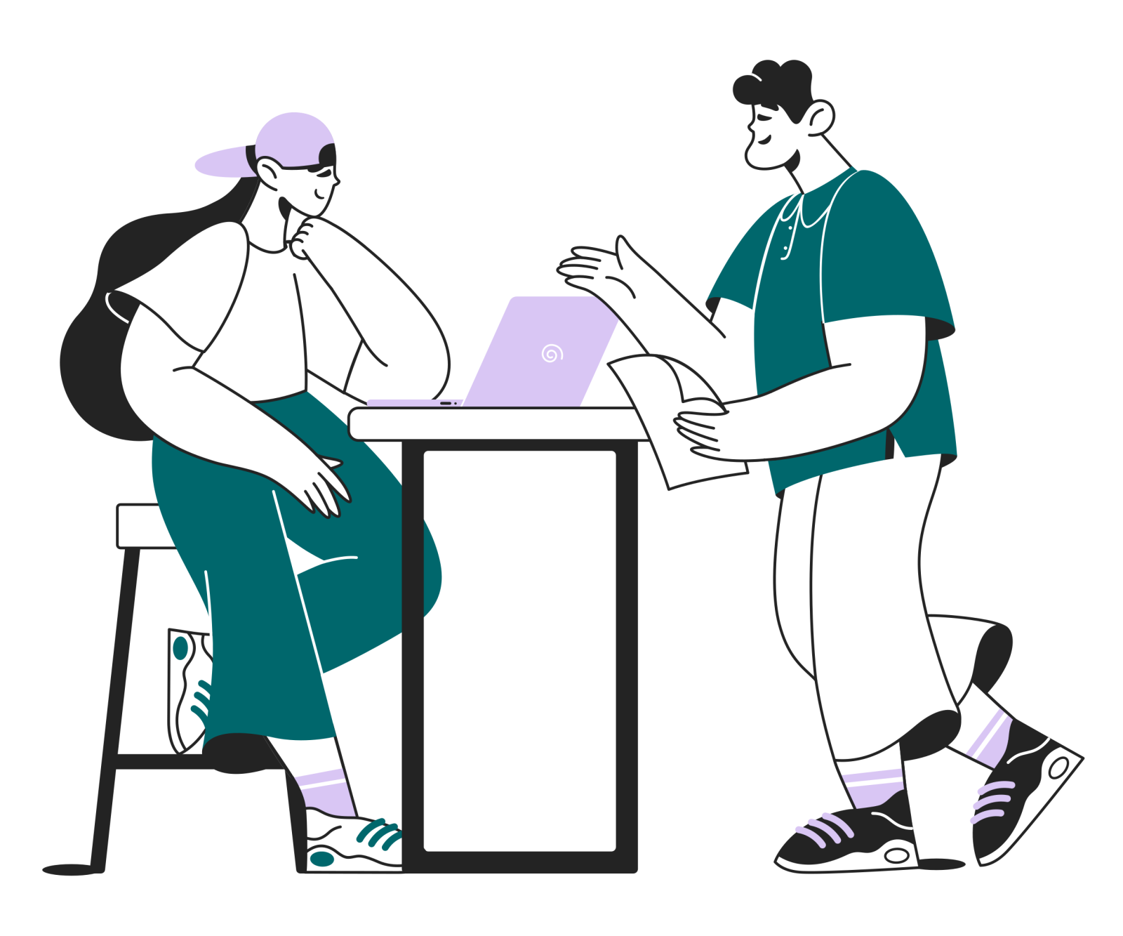 two people sitting at a table with laptops