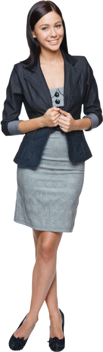 a woman in a gray dress and black jacket