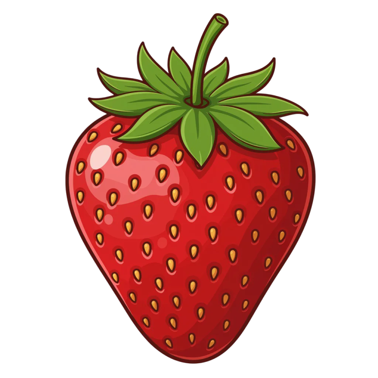 a strawberry with green leaves on it